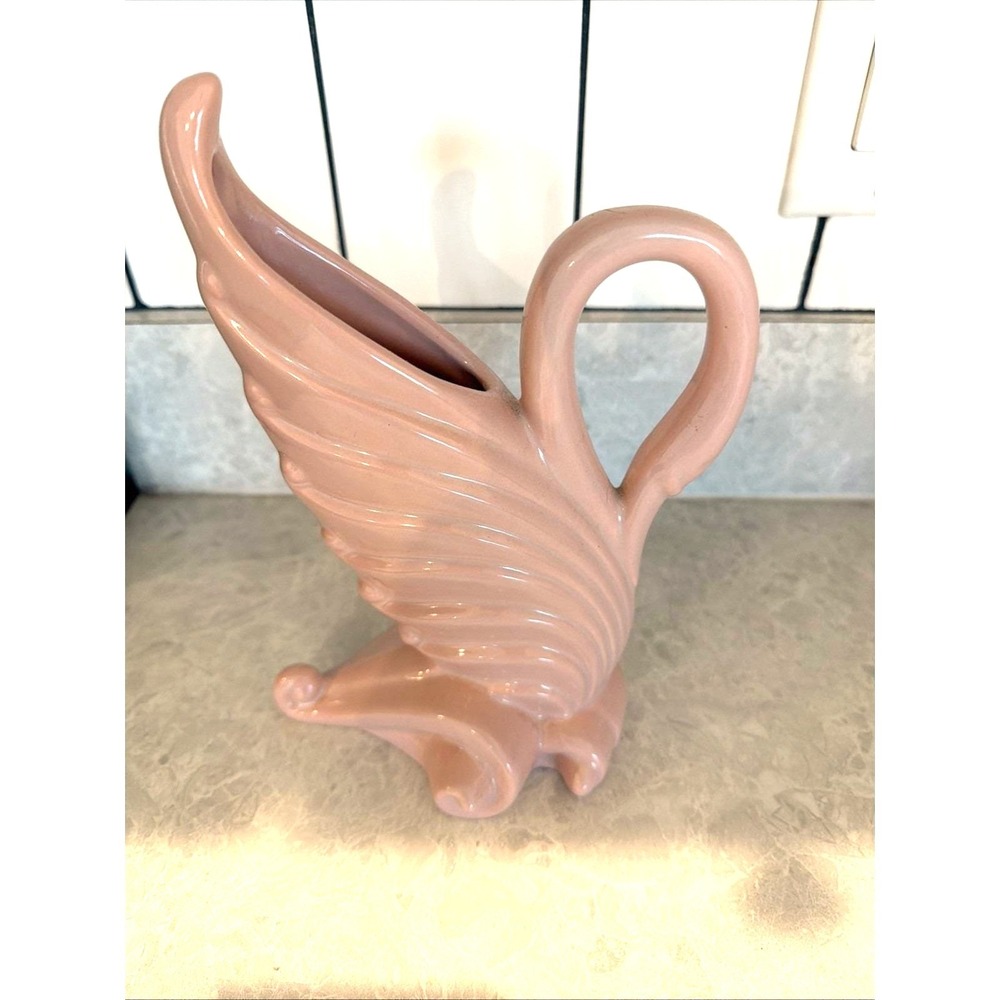 Mid-Century Modern Pink Swan Vase Vintage Ceramic Art Pottery 9x6in